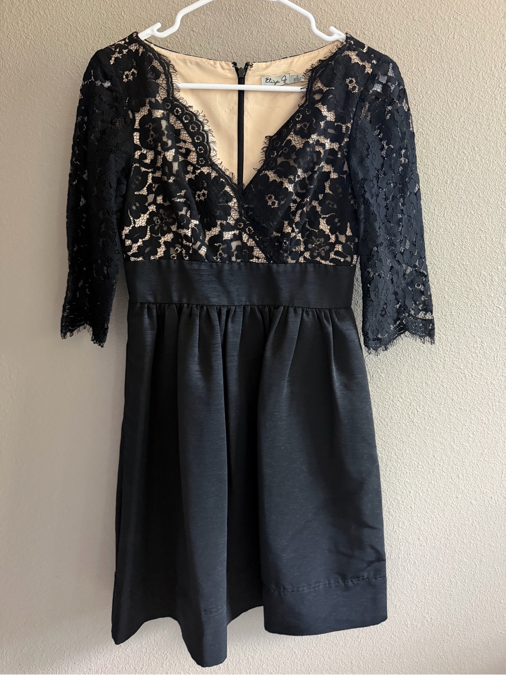 Eliza J Black Lace Fit-and-Flare Mini Dress with Nude Lining